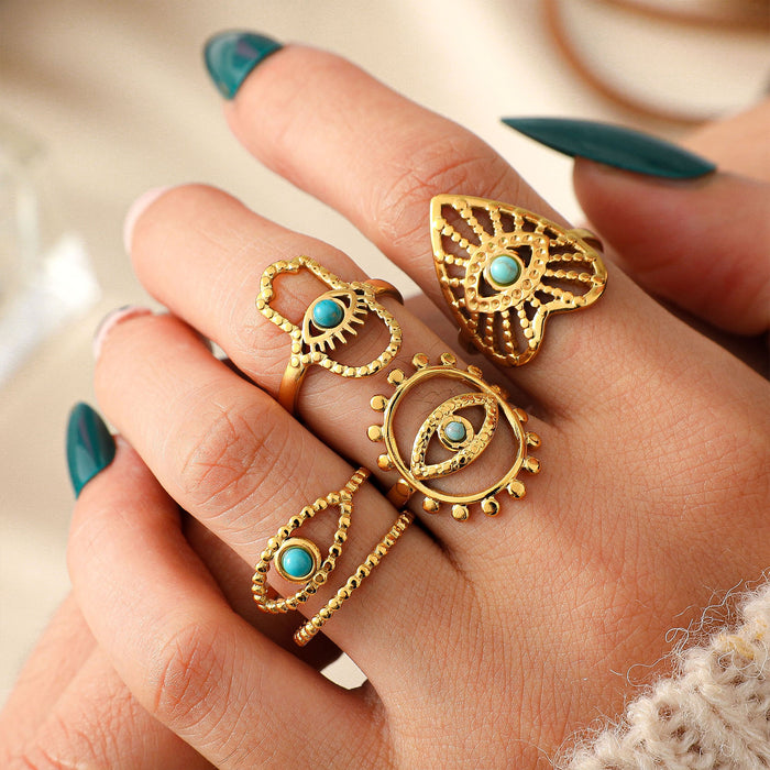 Wholesale stainless steel gold-colored turquoise adjustable ring