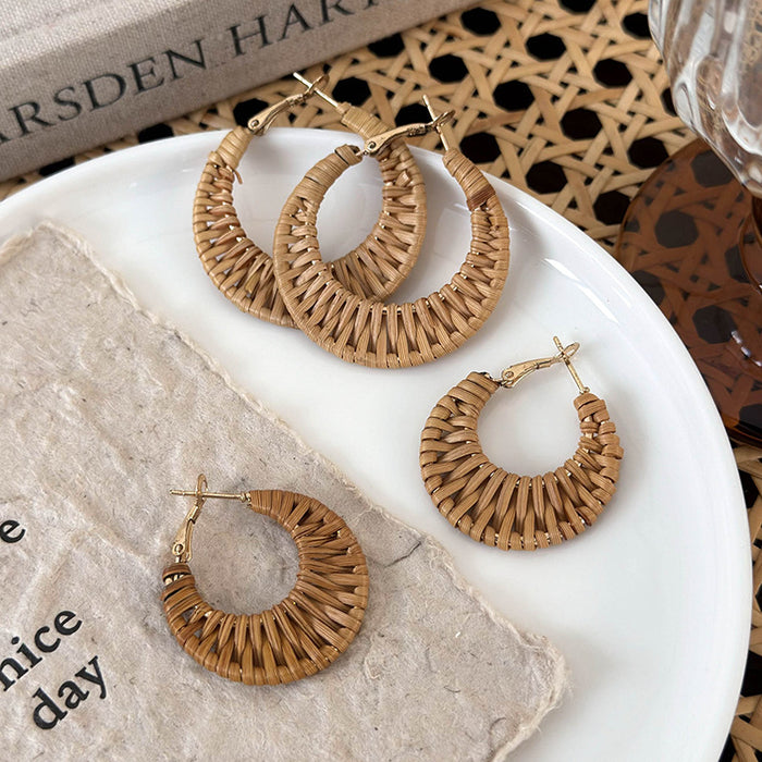 Wholesale Handmade woven wicker ring earrings for women, perfect for beach photography and paired with vintage and fashionable earrings