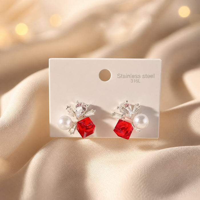 Wholesale Red Crystal Pearl Stud Earrings with Irregular Geometric Zircon Inlay