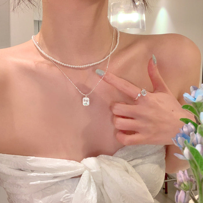 Wholesale French Zircon Sugar Cube Pearl Double Layer Choker Necklace In Titanium Steel Trendy Layering Jewelry For Women Boutique Resale Gift