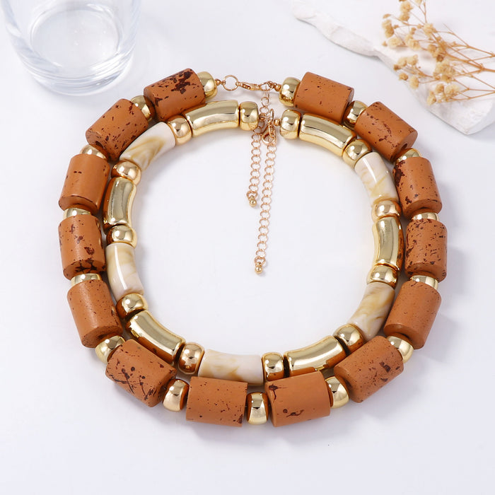 Wholesale Double-Layer Stacked Wooden Resin Bamboo Necklace Accessories