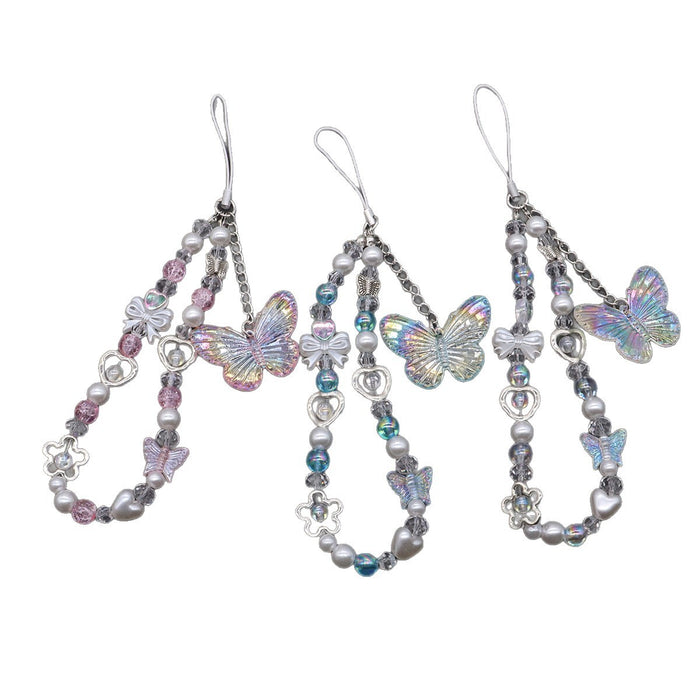 Wholesale Dopamine Crystal Pink Butterfly Mobile Phone Chain Sweet Long Mobile Phone Lanyard Keychain