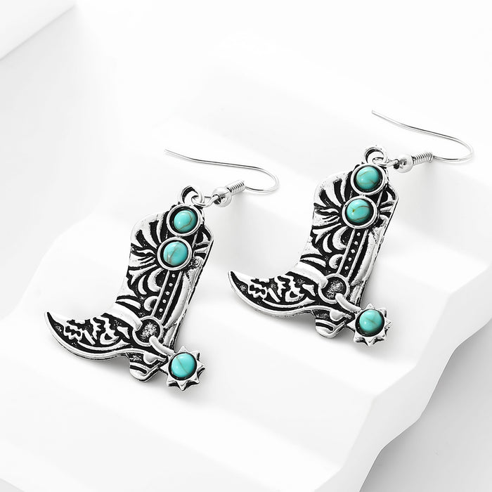 Wholesale European and American Personalized turquoise western cowboy alloy boots shape earrings
