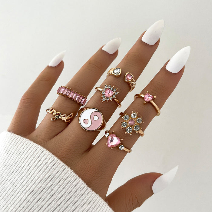 Wholesale Personalized Fashion Full Diamond Flower Letter Love Ring Eight Piece Set