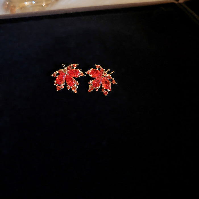 Wholesale Earrings Alloy Pearl Zircon Red Maple Leaf Double Layer JDC-ES-BY344