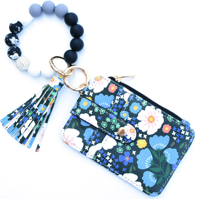 Wholesale PU Women's Leather Coin Purse Card Holder Silicone Wrist Daisy Floral DIY Beaded Women's Keychain