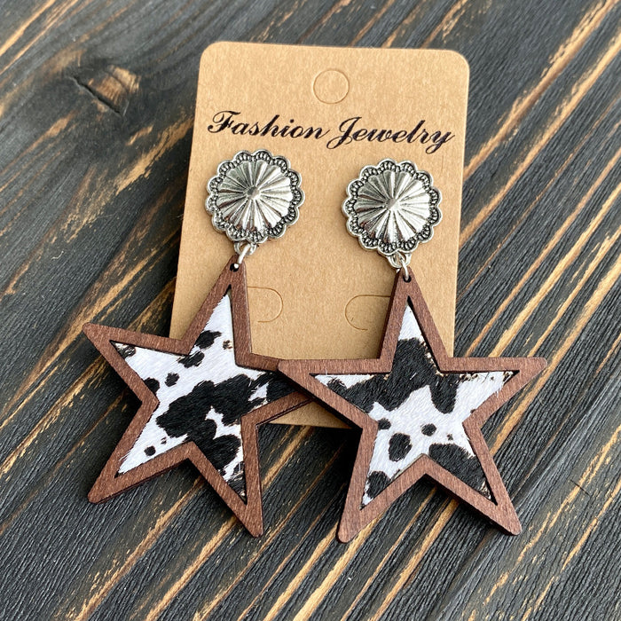 Wholesale Western Denim five-pointed star Natural genuine leather earrings leopard print milk pattern inlaid earrings