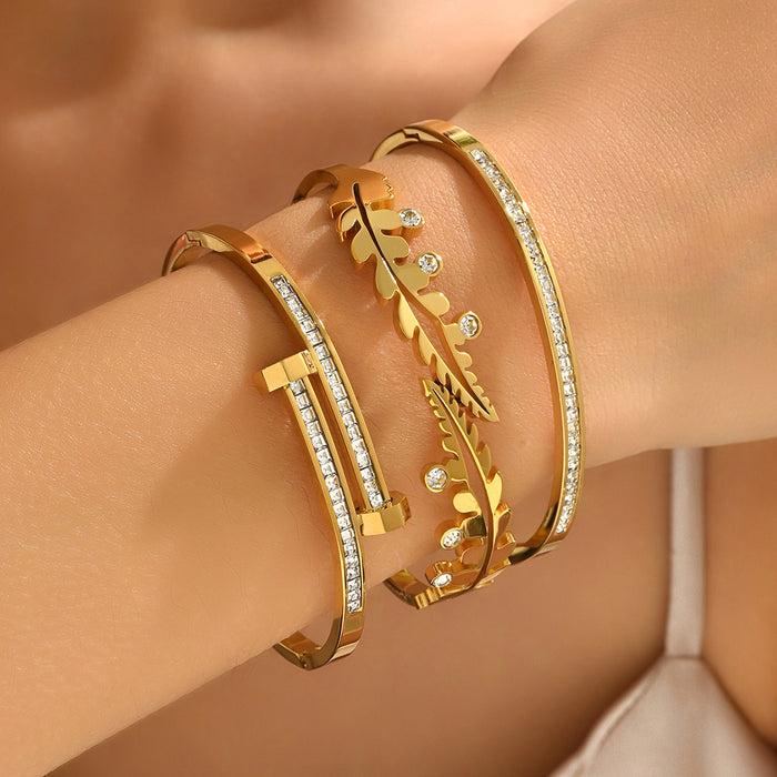 Wholesale Stainless Steel Botanical-Themed Gold-Tone Bangle Set with Rhinestones