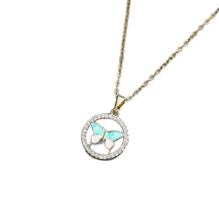Wholesale Personalized butterfly openwork diamond-encrusted round necklace with geometric pendant clavicle chain