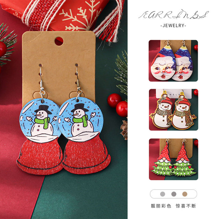 Wholesale Cartoon Christmas element printed wooden earrings for women Christmas tree earrings