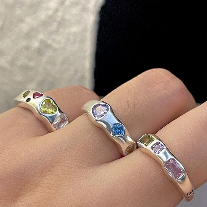Wholesale Colorful zircon heart-shaped ring with female niche design, adjustable index finger ring ring