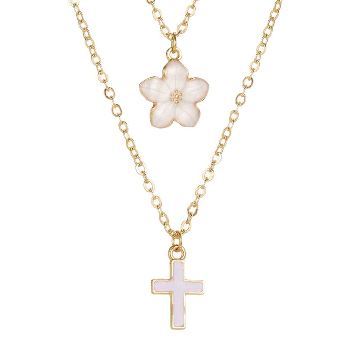 Wholesale Drip Oil Cross Flower Pendant Necklace Layered Collar Chain Necklace