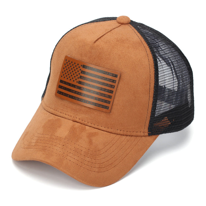 Wholesale Stylish American Flag Leather Patch Trucker Cap Suede Mesh Baseball Cap Summer Casual