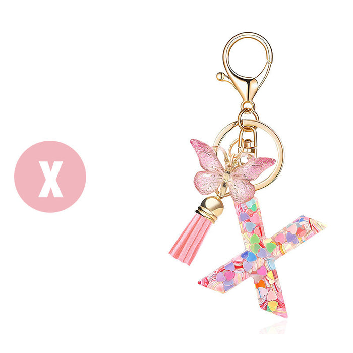 Wholesale Pink Letter Keychain Heart Sequin Butterfly Tassel Keychain Crystal Glue Pendan