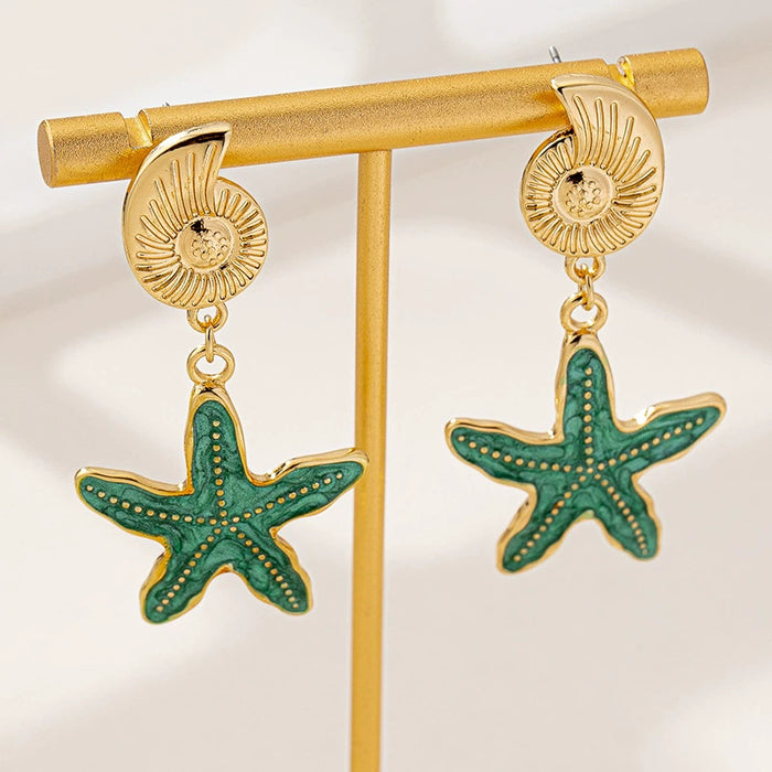 Wholesale ocean starfish conch earrings beach holiday style metal color ladies earrings