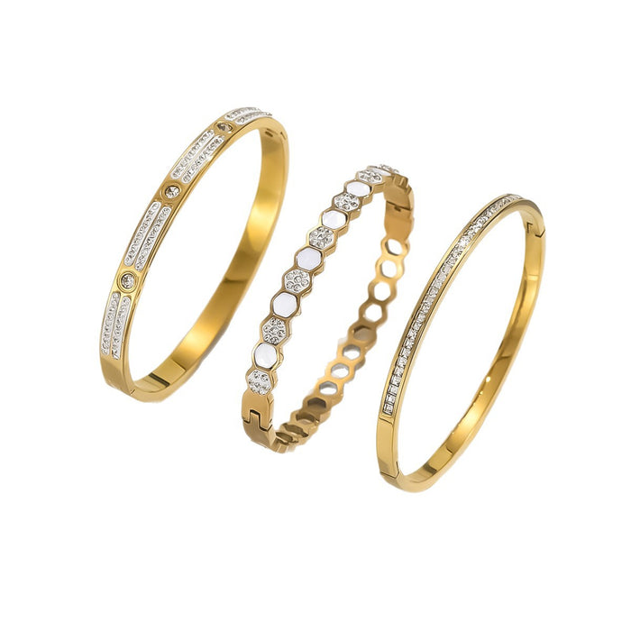 Wholesale Stylish Geometric Mother Of Pearl Rhinestone Bracelet Titanium Steel Gold Finish Everyday Jewelry Accessory