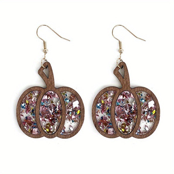 Wholesale Halloween Autumn Pumpkin Wood Inlay Sequin Earrings JDC-ES-XiYin001