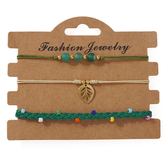 Wholesale Beach Vacation Style Wax Thread Bracelet With Multi Layer Green Natural Stone Beads And Leaf Pendant Everyday Fashion Accessory