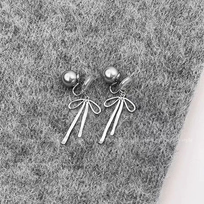 Wholesale Pearl Quality Hemp Gray Two-Wear Bow Silver Needle Earrings