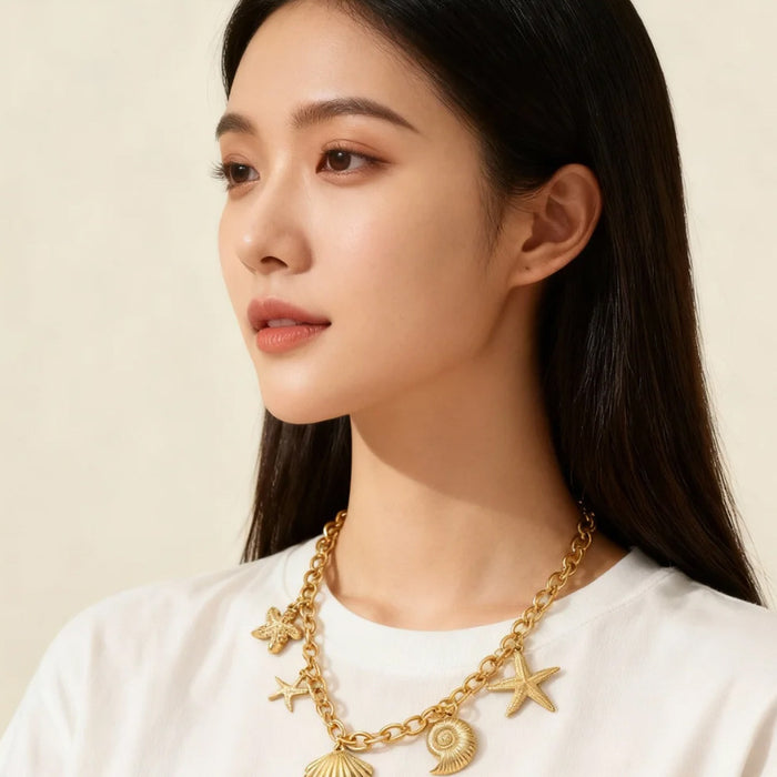 Wholesale Titanium Steel Ocean Starfish Shell Conch Necklace