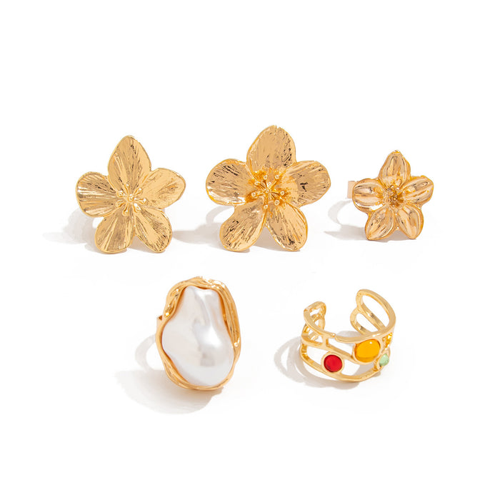 Wholesale Flower Design Gold Alloy Ring Set 5-Piece Fashion Jewelry Accessory