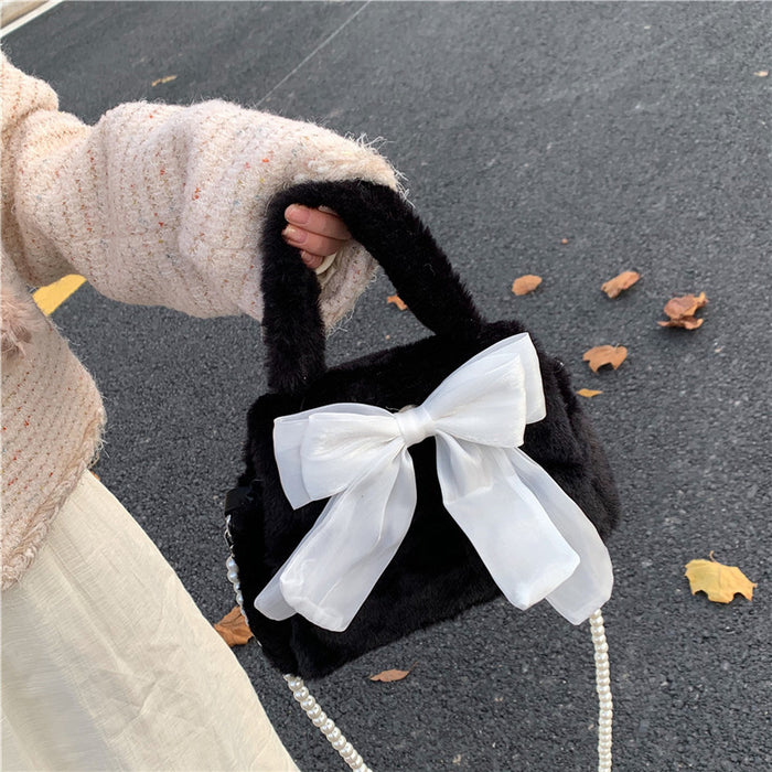 Wholesale Cute Bow New Plush Bag Commuting Plush Plush Pearl Handheld Single Shoulder Crossbody Bag