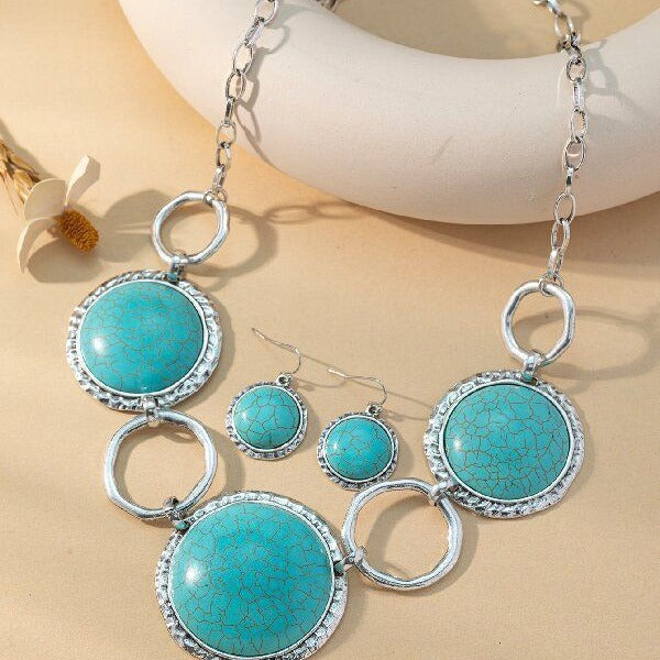 Wholesale Bohemian Vintage Round Turquoise Necklace and Earring Set MOQ≥2
