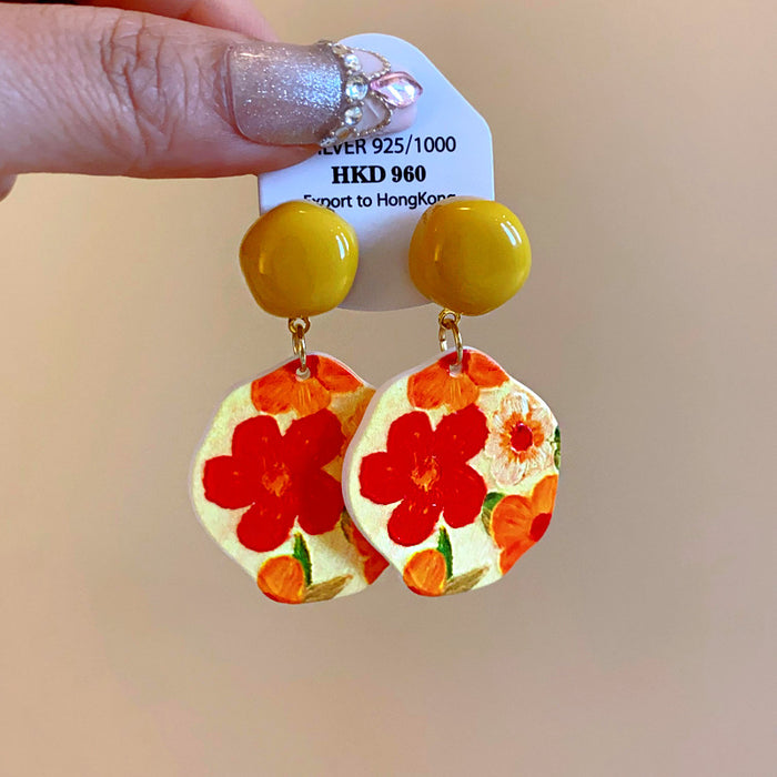 Wholesale Silver Acrylic Irregular Flower Earrings Pastoral Oil Painting Sweet  All-match Earrings