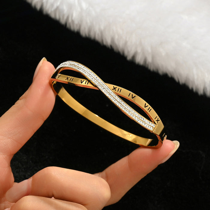Wholesale Gold Tone Titanium Steel  Bangle Set With Rhinestone Row Trendy Jewelry Accessory For Party Or Everyday Gift