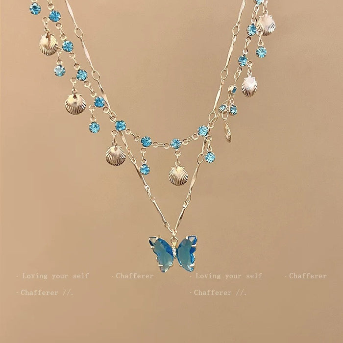 Wholesale Butterfly Double Layer Tassel Choker Necklace Metal Crystal Summer Chic Jewelry MOQ≥2