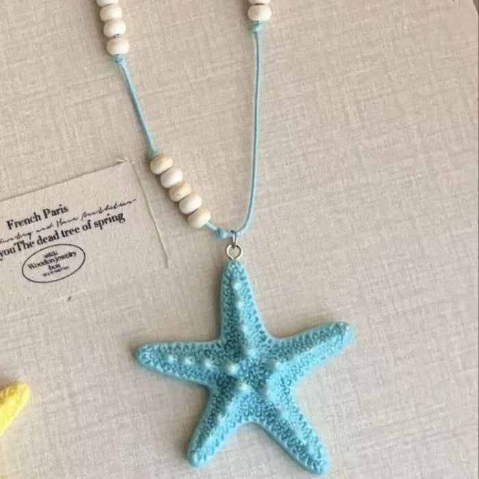 Wholesale Handmade Alloy Beaded Starfish Necklace Yellow Sea Star Blue Thread Beach Vacation Style