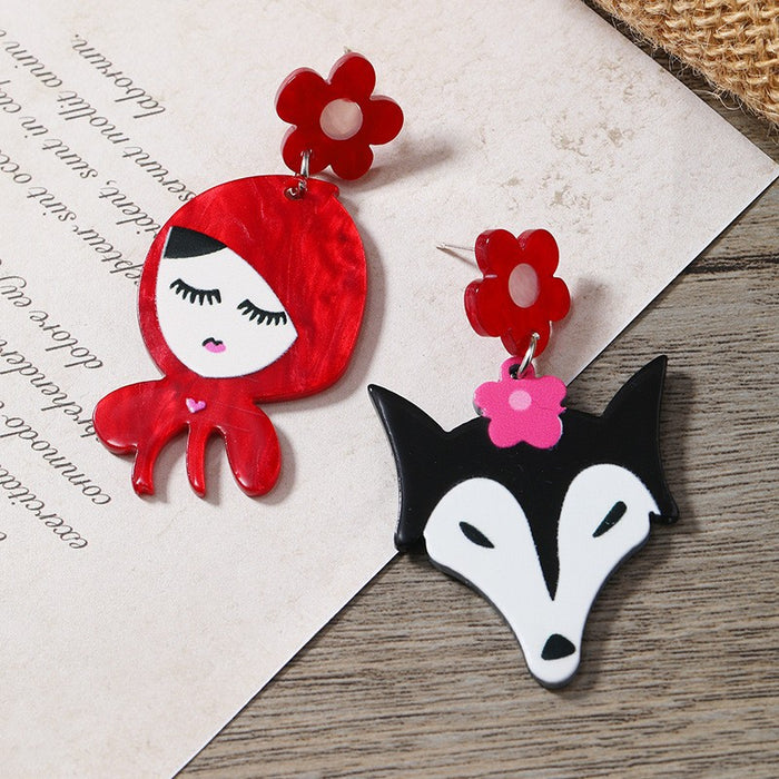 Wholesale Acrylic Cartoon Asymmetric Earrings Big Bad Wolf Little Red Riding Hood Fashion Accessory