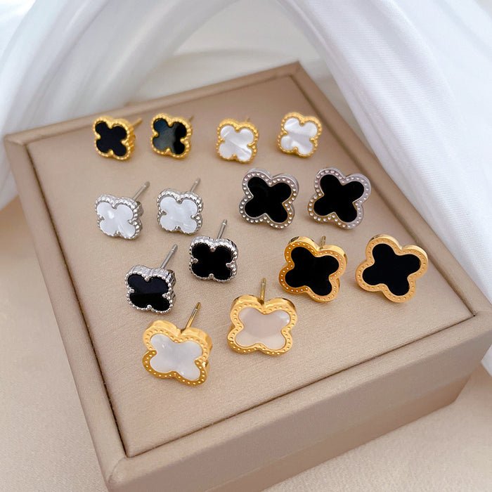 Wholesale Simple Titanium Steel Mother-of-Pearl Clover Minimalist Style Earrings JDC-ES-LG004