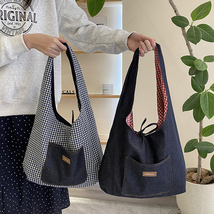 Wholesale Cowboy plaid double-sided shoulder bag, versatile class backpack, casual commuting tote bag