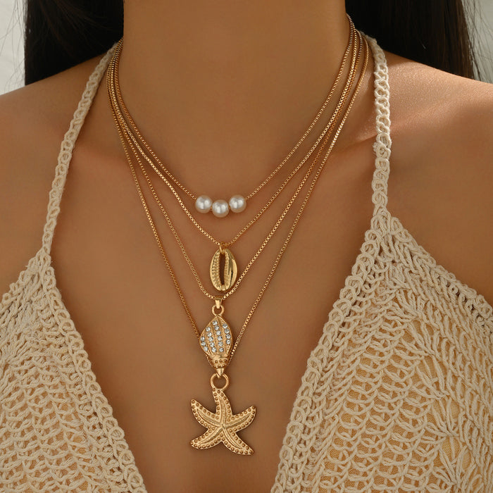 Wholesale Alloy conch starfish pendant necklace, layered pearl necklace, light luxury niche accessory