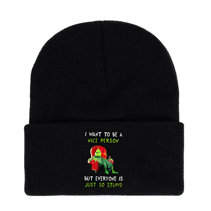 Wholesale Green Monster Knitted Hat Printed Earmuffs Windproof Wool Hat Japanese Style Dome Basic Warm Autumn and Winter Men and Women JDC-FH-WDM012