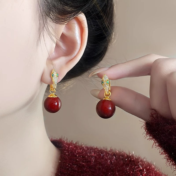Wholesale Full Diamond Spirit Snake Red Bead Ear Buckle New Eardrop Style Versatile Popular Earaccessory