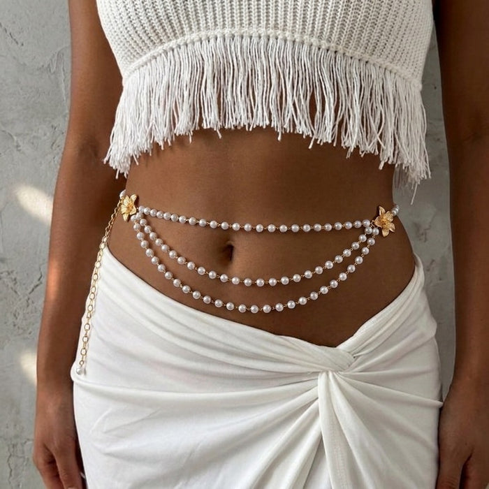 Wholesale Chic Seashell Pearl Beach Waist Chain Double Layer Body Chain