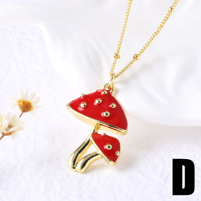 Wholesale  Jewelry Red Mushroom Pendant Necklace Women's Gold Plated Oil Drop Flower Collarbone Chain