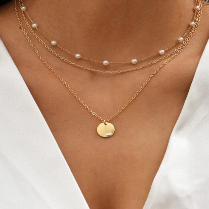 Wholesale Pearl Love Necklace Versatile Multi layer Stacked Collarbone Chain Retro Simple Round Pendant Item Jewelry