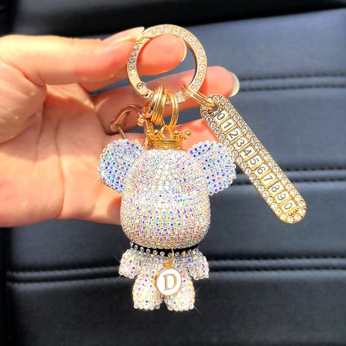 Wholesale Car Keychain Full Diamond Cartoon Big Head Bear Key Chain Letter Cartoon Exquisite Girl Key Pendant Gift