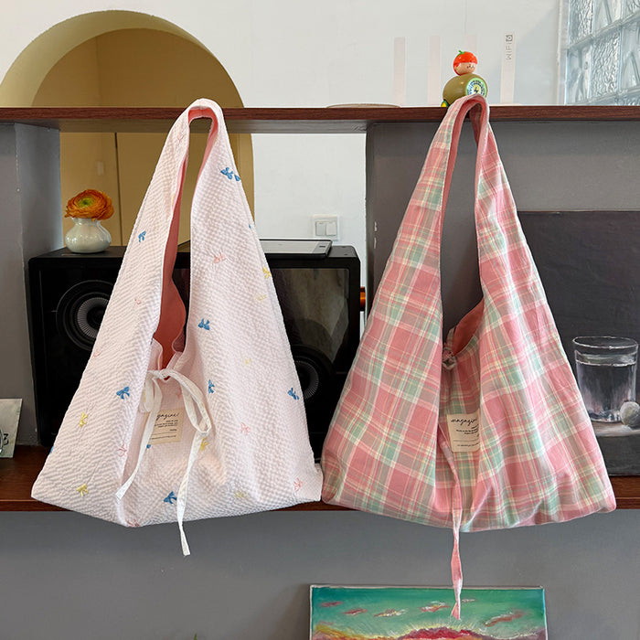 Wholesale Versatile Embroidered Bow Shoulder Bag, Fashionable Artistic Plaid Underarm Bag, Tote Bag