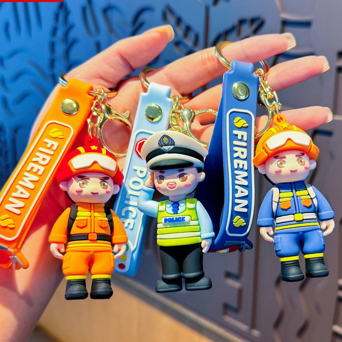 Wholesale Chinese Style Cartoon Traffic Police Firefighter PVC Keychain Pendant Fire Safety Campaign