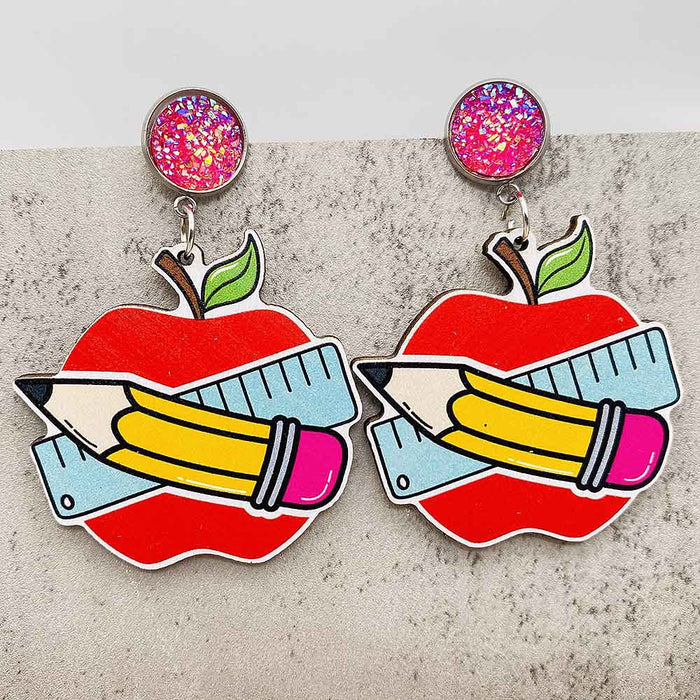 Wholesale Teacher' s Day Earrings Pencil Book Wooden Earrings Glitter Earrings