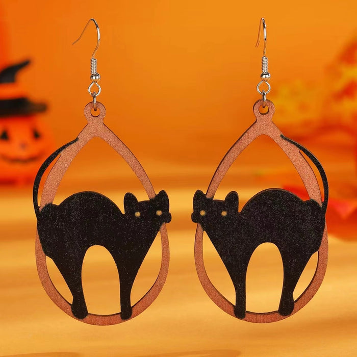 Wholesale  Gothic Black Cat Ghost Pumpkin ing Triple Pendant Earrings Wooden Funny Earrings