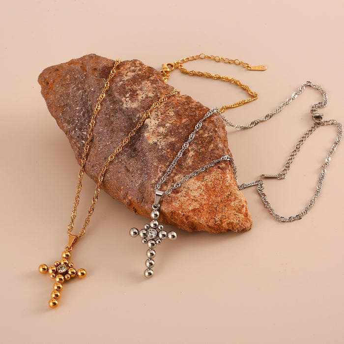 Wholesale New minimalist retro stainless steel round bead cross necklace with zircon light luxury style accessories color preservation wholesale