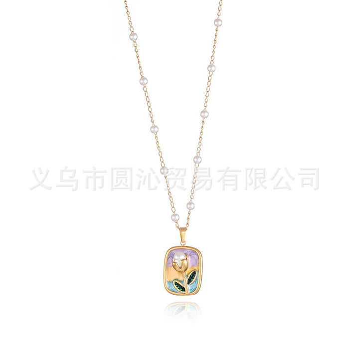 Wholesale Vintage oil painting style necklace for women, versatile and high-end, drip oil flower pendant, collarbone chain accessory