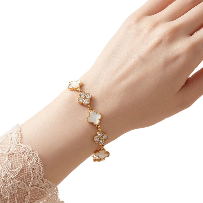 Wholesale Gold Alloy Four Leaf Clover Bracelet With Mother Of Pearl Flower And Zircon Trendy Women S Fashion Accessory Anniversary Gift