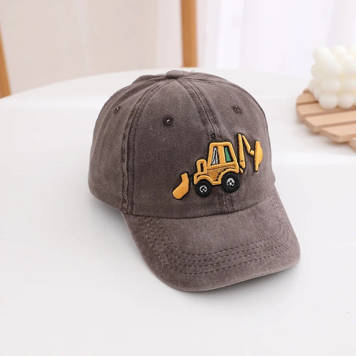 Wholesale Retro Cartoon Excavator Print Washed Cotton Baseball Cap Adjustable Sun Hat For Summer Casual Gift
