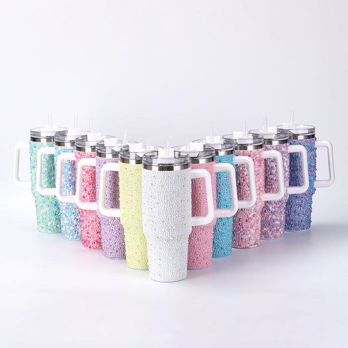 Wholesale Stainless steel pearl insulation cup,  large capacity,  pearl inlaid car cup,  40oz handle,  straw sticker,  diamond ice cup